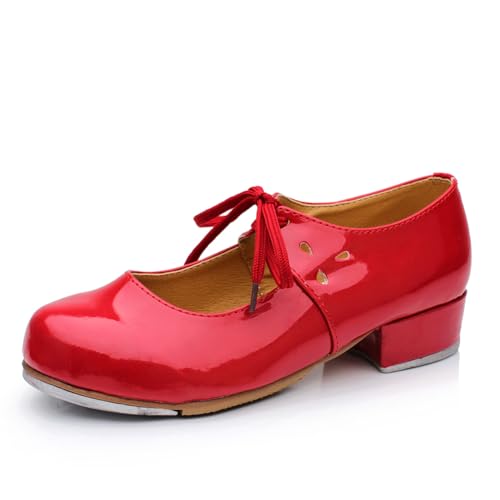AOQUNFS Beginner Tap Shoe for Girls, Unisex Kids Tap Dance Shoes for Toddler, Lace-up Mary Jane Tap Shoes,FT-030