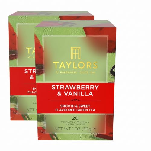 Taylors of Harrogate Strawberry &amp; Vanilla, Green Tea, Individually Wrapped Bags, Smooth, Juicy and Sweet, Caffeinated, Enjoy Hot or Iced, 20 Count (Pack of 2)