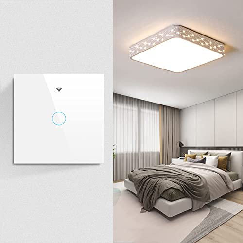 Smart Alexa Lichtschalter,Wlan schalter Gehärtetes Glas Funk Wandlichtschalter Touch Lichtschalter,Kompatibel mit Tuya App,Alexa,Google Home,Fernbedienung Timer Funktion (1 Gang 1 Way, Weiß) Cover