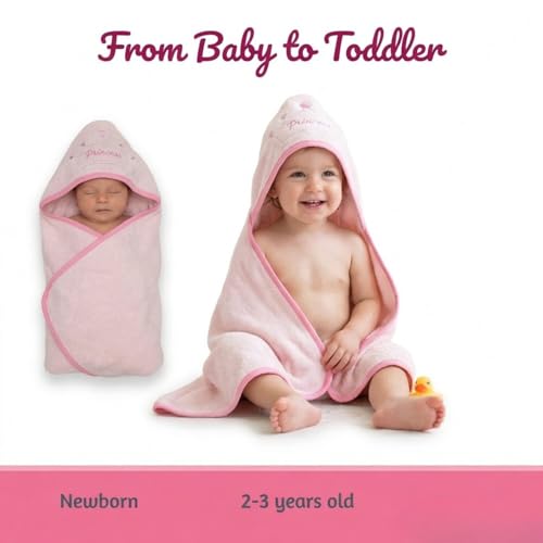 Image of EVERYDAY KIDS Hooded Baby Toddler Bath Towel for Girls - 3D Pink Princess Towel with Crown; Soft and Absorbent Terry Cloth Hooded Towel for Young Kids; Baby Girl Bath Essential