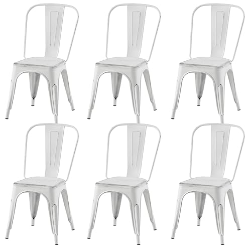 Image of Metal Dining Chairs with Back, Stackable, Distressed White, 6 Pack | Easy Assembly, Non-Slip Feet, 330 lb Capacity, Kitchen, Restaurant, Cafe, Pub, Covered Patio