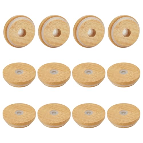 OLYCRAFT 12Pcs couvercles en bambou gobelets verre couvercle coupe réutilisable 64mm avec trou paille couvercles bocal Mason couvercle avec Silicone étanche...