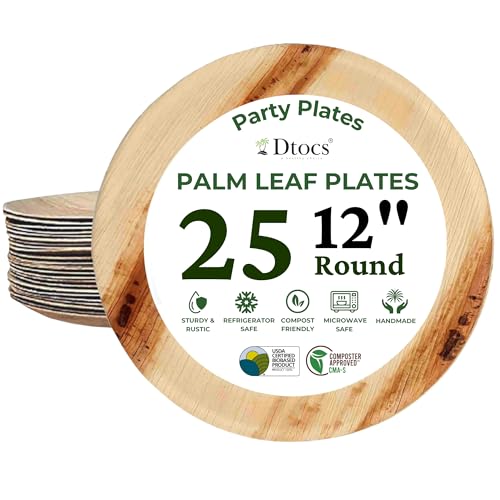 Dtocs Palm Leaf Plates 12 Inch Round Charcuterie Boards (25) | Bamboo Plates Look Compostable Plates, Serving Platters and Trays, Disposable Pizza Trays | Sturdy Sub Heavy Duty Paper Plates 12 Inch