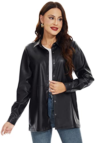 Fahsyee Women Faux Leather Shacket, Moto Biker Shirts Loose Fit Blazer With Long Sleeves Button Casual Jacket Black Plus Size M #TOP2