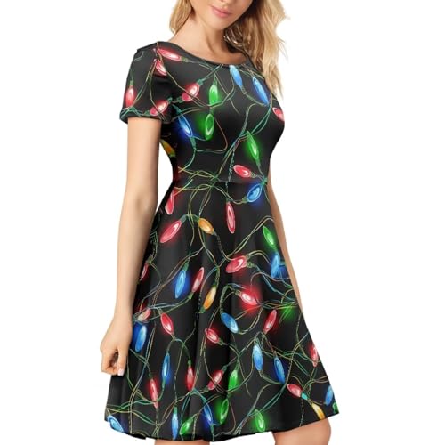 Image of POLERO Women Puffy Swing Elegant Party Midi Dresses Short Sleeve Round Neck A-Line Dress