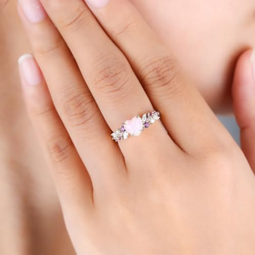 Pink Opal Engagement Rings for Women, Heart-shaped Opal Ring 925 Sterling Silver Wedding Bands for Women Promise Rings for Her Travel Wedding Ring Size 3-102