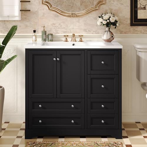 Lunanniu 36 Inch Bathroom Vanity with Sink Set Freestanding Combo Unit with Resin Basin with Storage 4 Full Extension Drawers and 2 Soft Close Doors Transitional Style Black