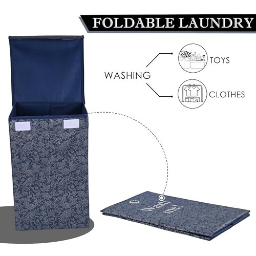 Image of Urbane Home (Pack of 2) Clothes Basket | 75 LTR | Toy Storage Box with Ring | Velcro Lid | Clothes Dress Bin | Flower Print | Foldable Laundry Basket | Washing Cloth Basket | Navy Blue