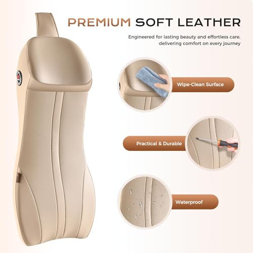 Image of Coverado Upgraded Lumbar Support Headrest Pillow One Piece, Ergonomic Memory Foam Car Neck Pillow & Back Support with Adjustable Straps, Soft Leather Cushion for Back Neck Sciatica Pain Relief, Beige