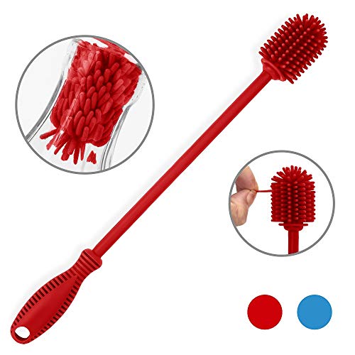 Image of Silicone Bottle Cleaning Brush with Long Handle, BPA Free 12.5 inch Water Bottle Cleaner for Baby Bottles, Hydro Flask, Sports Bottle, Vase, Glassware, Perfect for Smaller Diameter Bottle Openings (Red)