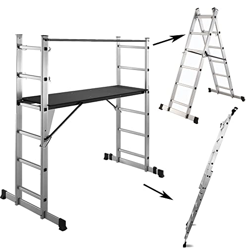 LEADALLWAY Scaffolding Platform 4 Foot High 63''(L) x66''(H) 3 in 1 Multi-Purpose as Double-Sided Herringbone Ladder Aluminium Folding Step Ladder
