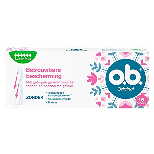 o.b.® Tampones originales Super Plus para días menstruales muy duros, con tecnología StayDry y ranuras curvas, para una protección confiable y una sensación limpia, 16 unidades