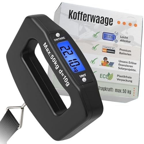 Villageboom Digitale Kofferwaage mit praktischem Haltegurt – bis 50 kg mit großem Display & Tara-Funktion, 2 × AAA-Markenbatterien für lange Laufzeit – Unterstützt Solarprojekte in Afrika (VB-124A)