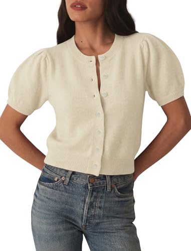 Image of Womens Puff Short Sleeve Cardigan Sweaters Cropped Button up Lightweight Y2k Knit Summer Cardigans