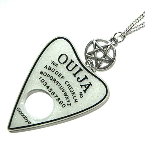 White Black & Silvertone Glitter Ouija Board Planchette Pendant Necklace with Pentagram Charm Occult Gothic Psychobilly White Black & Silvertone Glitter Ouija Board Planchette Pendant Necklace with Pentagram Charm Occult Gothic Psychobilly