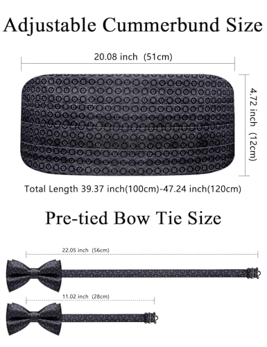 Image of Paisley Floral Tuxedo Cummerbund Bow Tie Pocket Square Set for Men | 3-piece set:cummerbund,bow tie&pocket square.Adjustable back for comfort.Silk blend,wedding,proms,black tie&formal events.