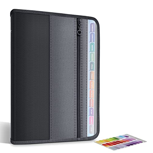 Expanding File Folder With Sticky Labels, 13 Pocket Accordion Document Organizer Fabric/Poly Expanding Zip File With Zipper Closure Front Pocket，Letter A4 Paper Document Accordion Folder, Black #TOP9