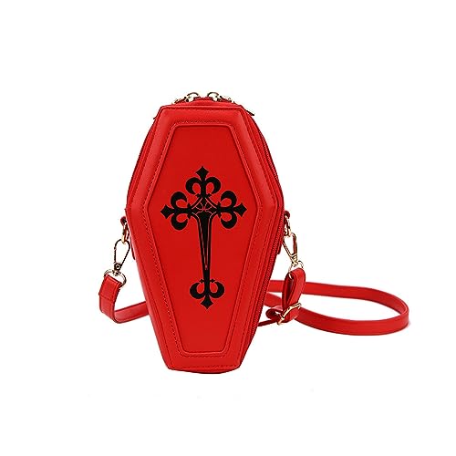 PORRASSO Gothic Crossbody Bag Women Shoulder Bag PU Messenger Bag Coffin Shape Handbags for Travel Halloween Daily Use Red