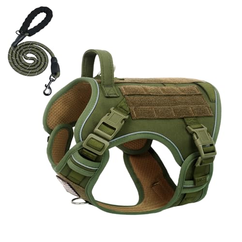 BUMBIN Tactical Dog Harness with Laesh Set，No-Pull Service Fit Smart Dog Vest with Hook & Loop Panels,Adjustable Dog Vest Harness with Handle Green L