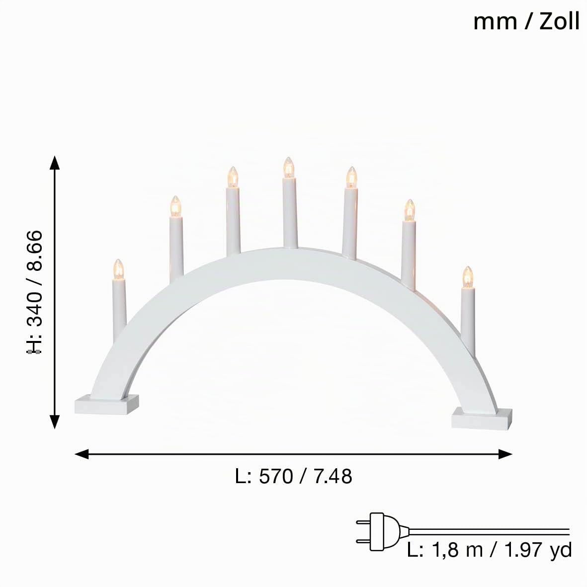 Fensterleuchter Trapp von Star Trading, Kerzenständer mit 7 Glühbirnen E10 warmweiß, Weihnachtsdeko aus Holz in Weiß, Kabelschalter, Länge: 57 cm