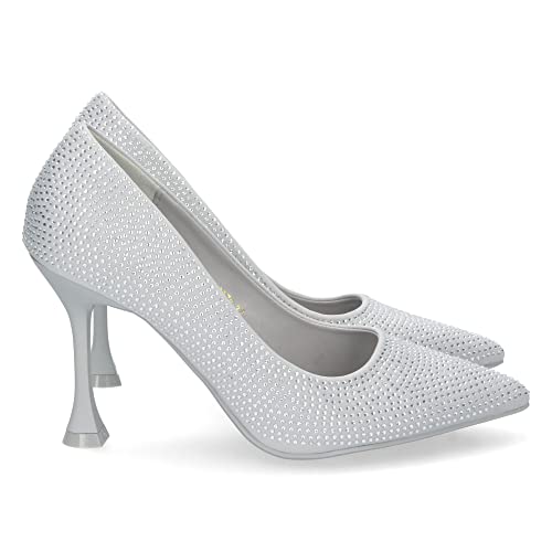 shoes&blues.es 69193-Zapato de Tacon Fino para Mujer, Comodo, Estilo Salon, con Strass, Punta Fina, Otono Invierno 2022. Talla 37 Plata