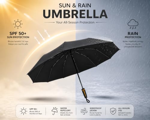Image of Contacts Compact Folding Umbrella - Windproof Travel Umbrella with Automatic Open /Close, Waterproof, UV Protection, Portable Umbrella for Men, Women & Kids