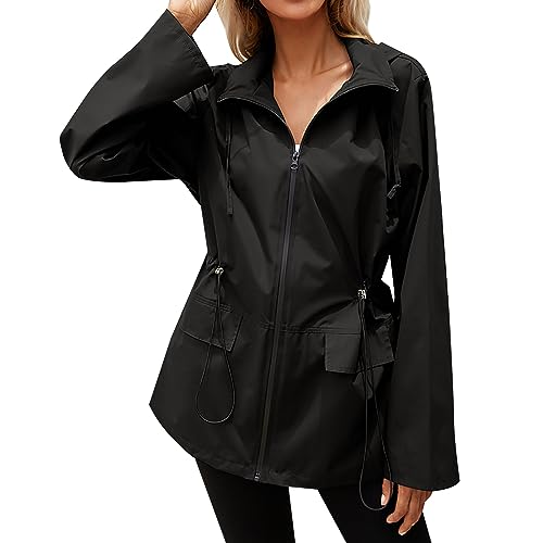 Manteau de pluie noir pour femme avec capuche et cordon taille ajustable XL
