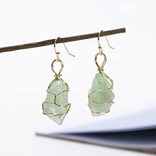 Green Fluorite Delicate Stone Charm Gold Plated Drop Earrings, Wire Wrapped Crystal Gemstone Dangle Earrings3