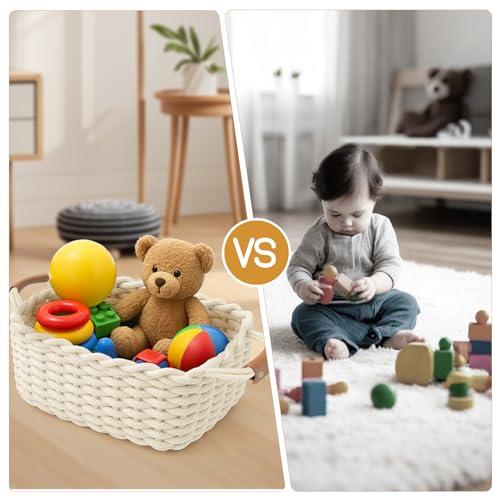 Aufbewahrungskorb Geflochten, Waschbar und Faltbar, Körbchen mit Ledergriffen, Aufbewahrungs box ideal für Accessoires, Kosmetika, das Badezimmer (Weiß, L33*W22*H15CM)
