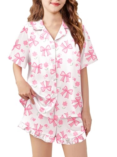 Image of Arshiner Girls Pajamas Silk Satin Pajama Set Button Pjs Ruffle Sleepwear | 2 Piece Nightwear, Silky Soft Lounge for Little & Big Kids, Ideal for Sleeping and Sleepover Party