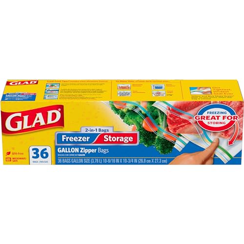 GLAD Food Storage and Freezer Bags, 2 in 1 Gallon Plastic Bags, Freezer Bags for Lasting Freshness, Food Storage Bags, Microwave Safe, BPA Free, 36 Count - Package May Vary