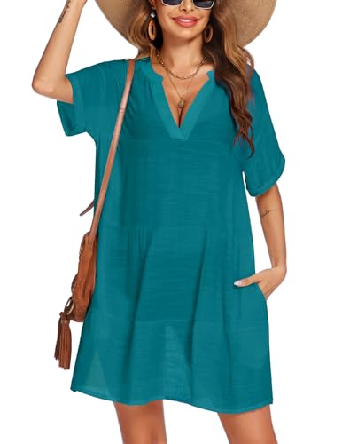 Vestido cover up para playa de mujer en azul cian oscuro talla S con bolsillos prácticos
