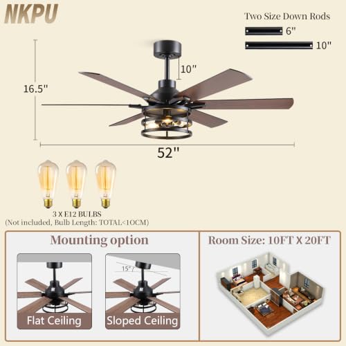 Image of NKPU 52 Inch Farmhouse Ceiling Fan with Light and Remote, Brown Industrial Caged Rustic Ceiling Fan with 6 Speed