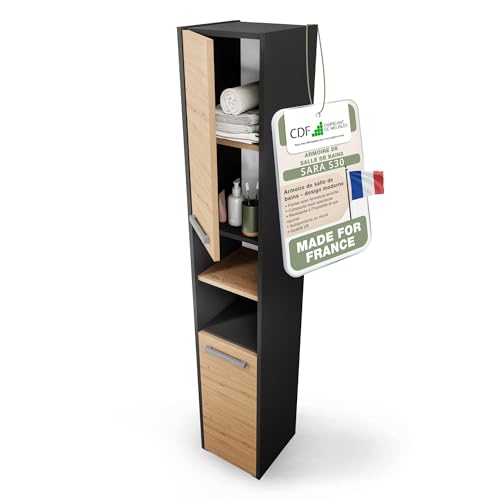 CDF Meuble de Salle de Bain – Colonne de Rangement étroite 30 x 30 x 170 cm avec Porte et étagères – Armoire Haute Moderne pour Salle de Bain – Anthracite/Chêne Artisan