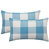 MIULEE Pack of 2 Classic Retro Checkers Plaids Polyester Linen Soft Solid Sky Blue and White...