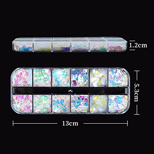12 Grids Iridescent Mermaid Nail Art Glitter 3D Holographic Irregular Glitter Flake Nail Sequins Fluorescent Glass Paper Glitter Nail Sticker Nails Art Supplies For Women Girls Diy Acrylic Nails #TOP6