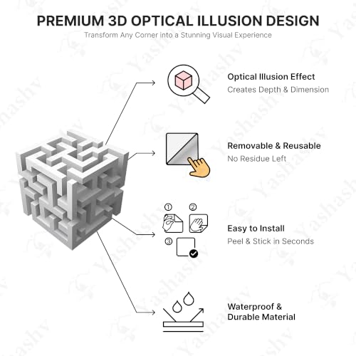 Image of 3D Cube Illusion Corner Wall Sticker for 90 Corners | Geometric Optical Illusion Wall Decal | Peel & Stick Wall & Ceiling Decor | 12 x 12 Inch Medium