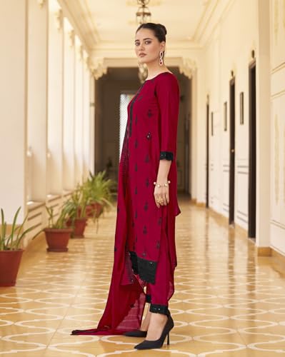 Image of Shaily Premium Silk Blend Embroidered Tailored Kurta with Pants and Dupatta Set | Ethnic Set | 3-Piece Suit Set | Haldi and Wedding Suit Set for Women