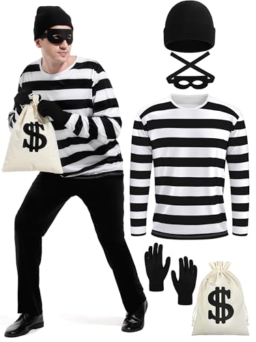 FancyFun 5 Pieces Halloween Costume Set, Men's Robber Costume Halloween Cosplay Costumes Burglar Accessories Striped Shirt for Adult 2XL