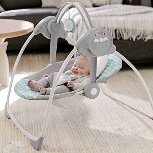 Ingenuity, Ity Ingenuity, Swingity Swing, Goij, zusammenklappbare und tragbare Babyschaukel mit 6 Schaukelgeschwingkeiten, 2 Spielzeugen, 5-Punkt-Gurt und Tragegriff