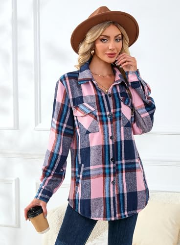 Shawnda Women's Brushed Flannel Shirt Jacket Shacket Long Sleeve Cotton Button Down Plaid Jacket Shirt with Pocket4