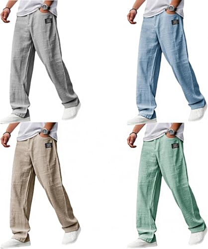 Pacificozy Mens Pants - Men's Casual Hemp Fabric Embroidered Logo Drawstring Loose Elastic Waist Pocket Trousers3