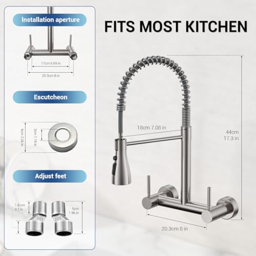Image of Wall Mount Kitchen Faucet with Pull Down Sprayer 3 Functions, 304 Stainless Steel Wall Mount Faucet 8 Inch Center, 2 Handle Kitchen Sink Faucet High Arc 360 Swivel, Brushed Nickel