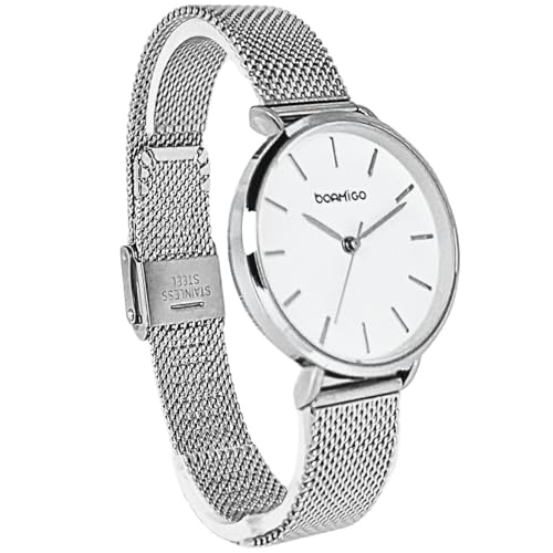 Relógio Feminino Minimalista Pequeno Delicado Elegante Analógico Aço Inoxidável Quartz Original De Pulso (Prateado e Branco)