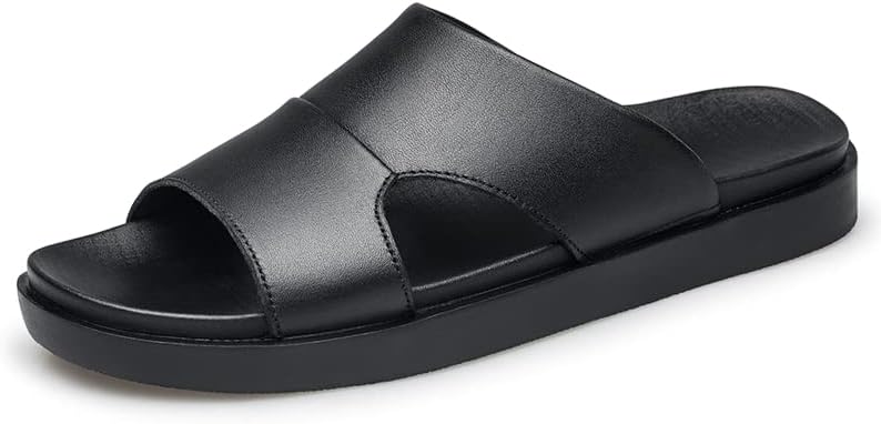 Comfort Men's Black Leather Slide Sandals, Anti-Skid Casual Summer Slippers, Retro Style Wear Resistant Slip-On