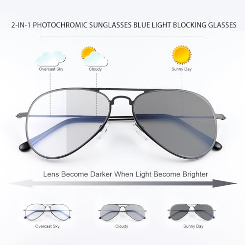 Image of Aviator Blue Light Blocking Glasses Photochromic Transition Sunglasses Retro UV Protection Spring Hinge Computer Eyewear for Men Women Anti Glare Smart Tint Anti Eyestrain Gaming Eyeglasses