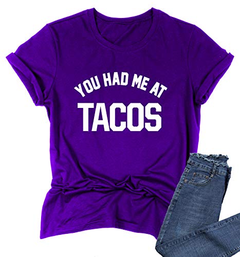 BABEGO Womens You Had Me at Tacos Letters Printed Funny T-Shirt Tops Tees Purple XX-Large