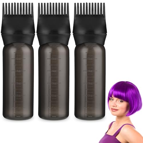 3 Pack Root Comb Applicator Bottle, 6 Ounce Hair Oil Applicator Bottle for Hair Dye Applicator Brush with Graduated Scale, Hairdressing Coloring Bottle Styling Tool (Black)