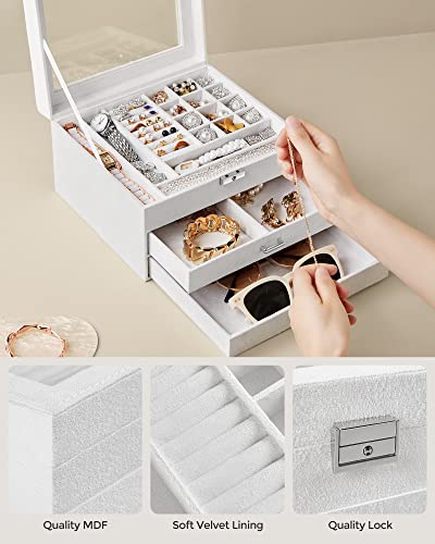 Songmics Jewelry Box, Lockable Jewelry Storage Organizer, Jewelry Case With Glass Window, For Rings, Earrings, Studs, Bracelets, Necklaces, White Ujbc158W01 #TOP3