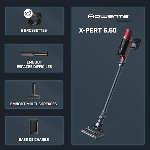 Rowenta X-Pert 6.60 Aspirateur Balai sans fil, Idéal pour les Poils D'animaux, Léger, Puissance 100W, Autonomie 45min, 2 Vitesses RH6878WO, Rouge